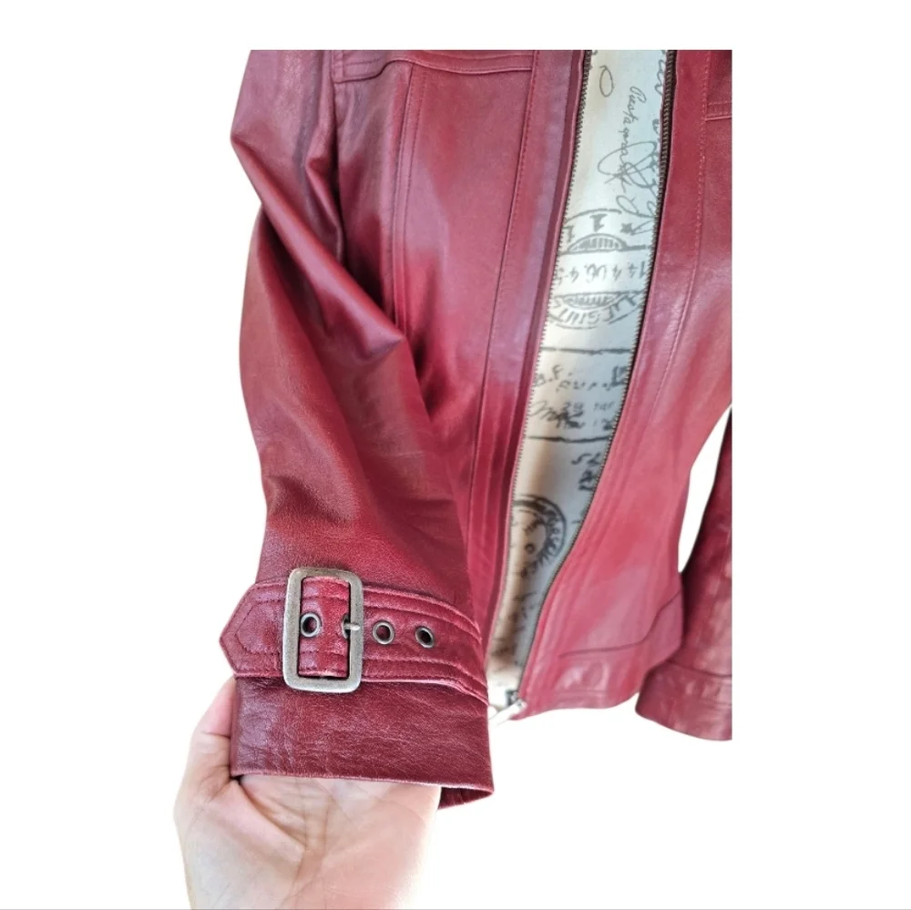 Tribal Deep Red Leather Moto Inspired Zip Up Jacket 8 - Picture 4 of 8